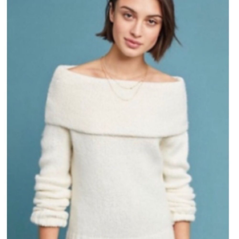 Anthropologie | Cream Knit Off The Shoulder Wool Cashmere Blend Sweater | L